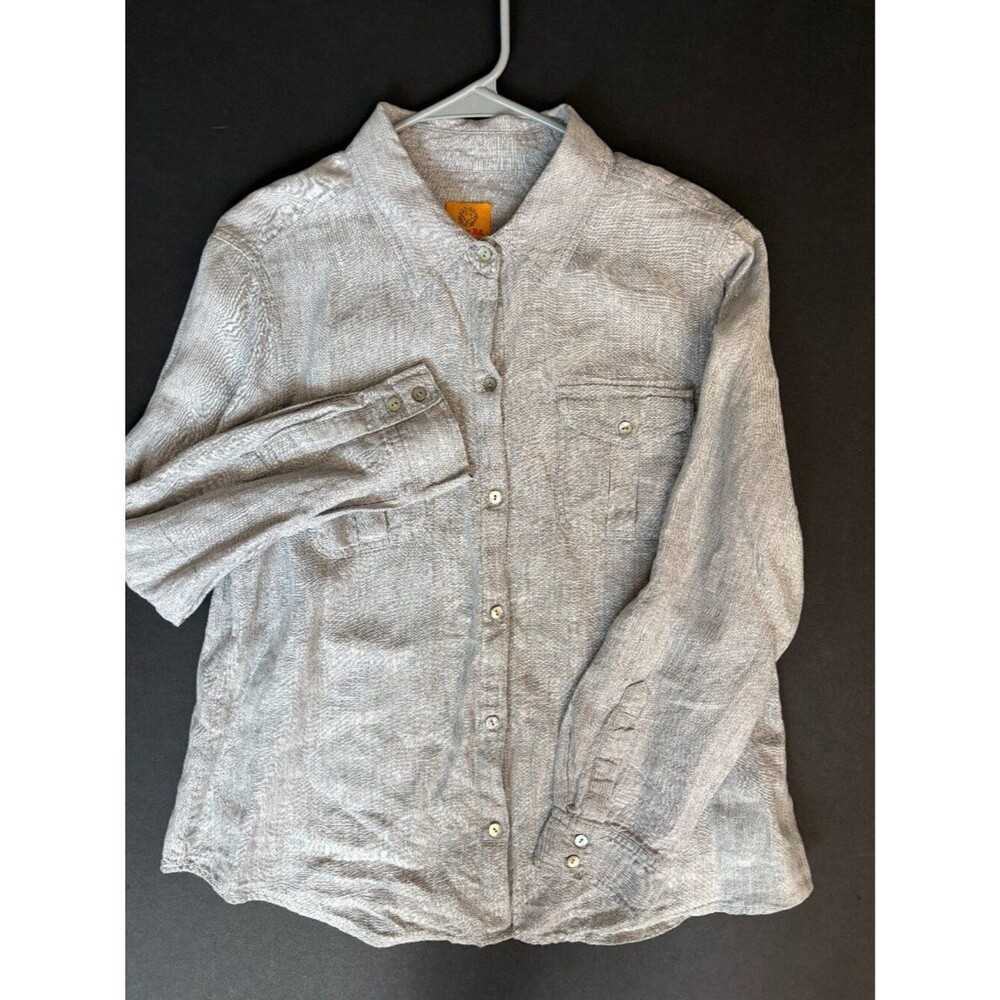 New Ruby Rd Petite 100% Linen Shirt Womens Petite Lg Gray Long Sleeve Button Up